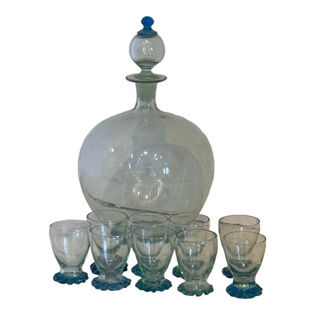 1950s Murano Style Cordial Glass Set- 10 Pieces For Sale