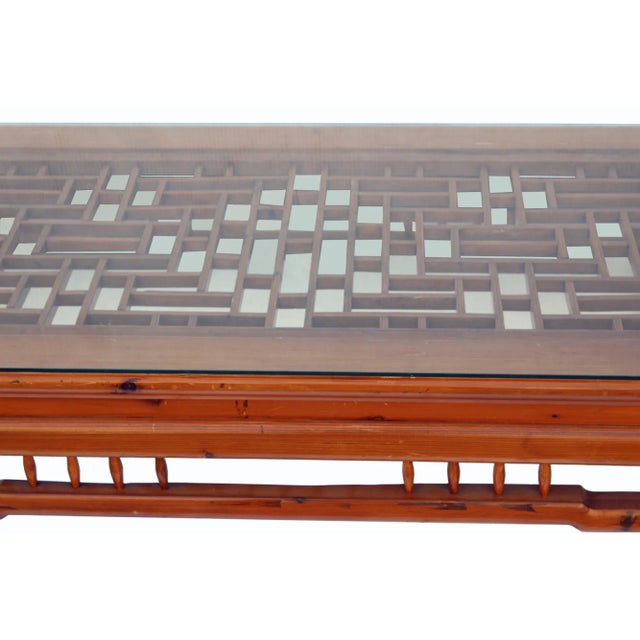 2010s Rectangular Glass Top Coffee Table With Chinese Old Windows Panel Design For Sale - Image 5 of 9