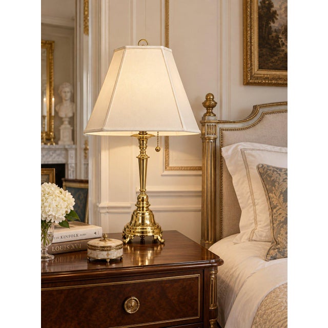 Late 20th Century Hollywood Regency Solid Brass Candlestick Table Lamp Empire Shade For Sale - Image 5 of 5