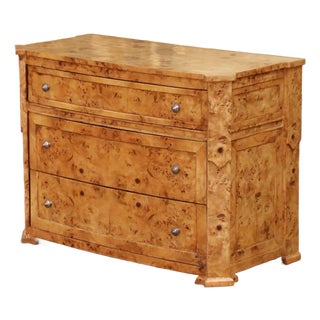 Mid-Century French Charles X Style Burl Elm Three-Drawer Chest Commode For Sale