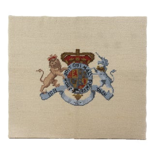 Vintage Hand Stitched British Royal Coat of Arms Needlework Lion and Unicorn Heraldic Wall Art For Sale