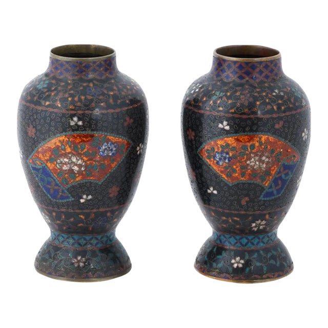 Antique Pair of Early Meiji Japanese Cloisonne Enamel Floral Vases For Sale