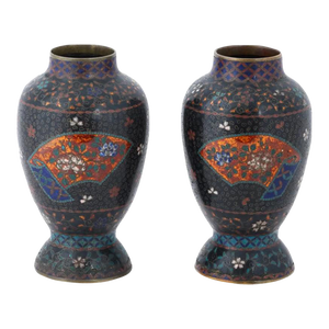 Antique Pair of Early Meiji Japanese Cloisonne Enamel Floral Vases