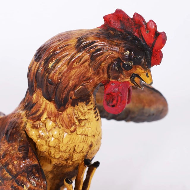 Two Vintage Painted Metal Roosters or Fighting Cocks For Sale - Image 4 of 10