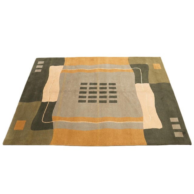 2020s 6'x9' Hand-Knotted Modern Arts & Crafts Wool & Silk Geometric Rug in Green, Yellow & Ivory For Sale - Image 5 of 10