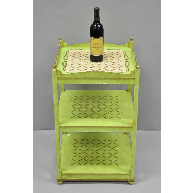 Vintage Italian Venetian Style Green Distress Painted 3 Tier French Country Accent Side Table. Circa Mid 20th Century....