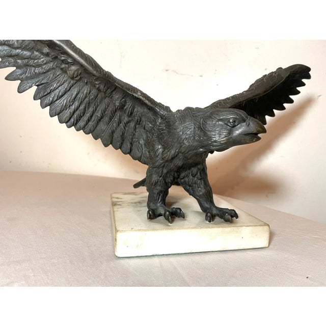 Antique Solid Bronze Marble Open Winged American Bald Eagle Statue Sculpture For Sale In New York - Image 6 of 13