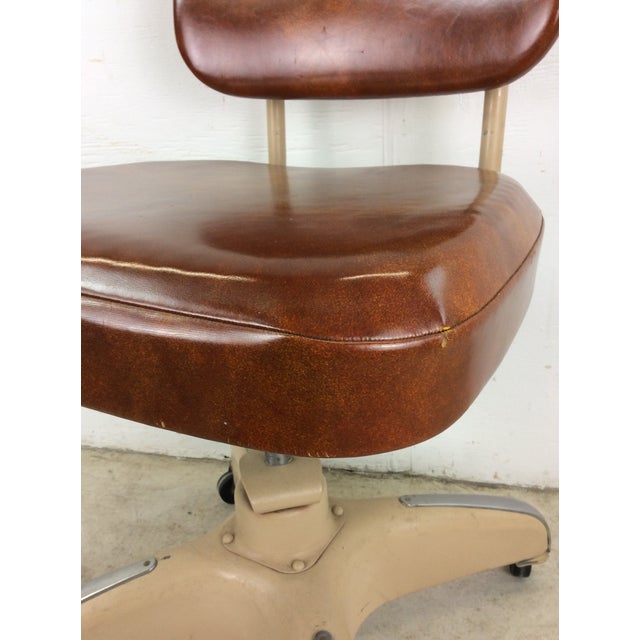 Mid Century Industrial Office Chair With Vintage Upholstery and Wheeled Base For Sale - Image 10 of 12