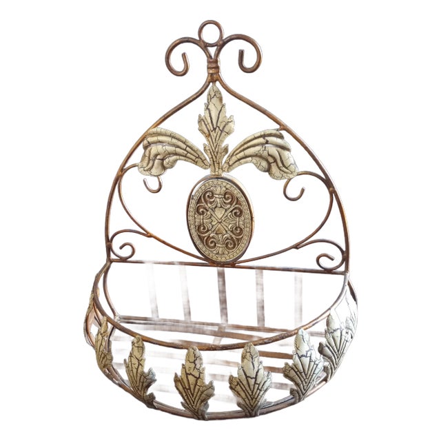 1990s Copper/ Cream Wrought Iron Hanging Wall Basket For Sale
