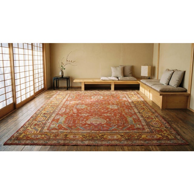 Impressive Coral Red With Palmettes Cross Pattern Antique Turkish Oushak Rug For Sale - Image 15 of 15