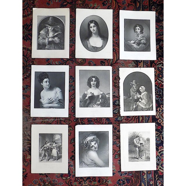 Black Antique 19th Century. Engravings of 1800's Young Women - Set of 9 For Sale - Image 8 of 8