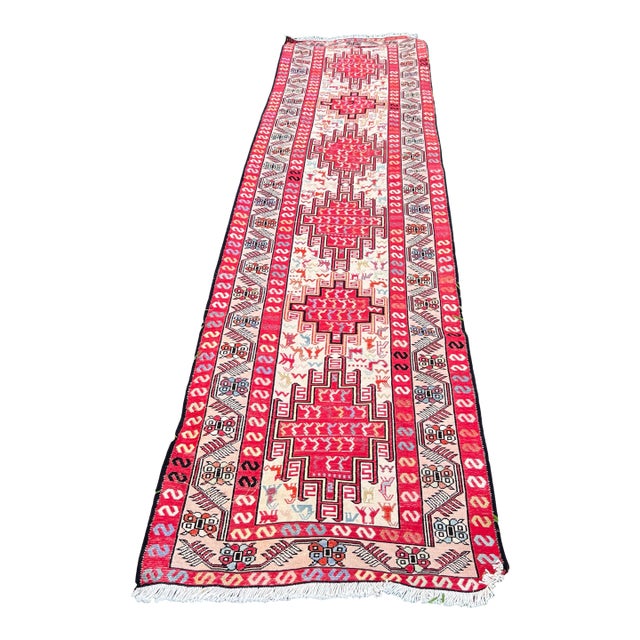Vintage Silk and Wool Embroidered Soumak Runner Rug For Sale
