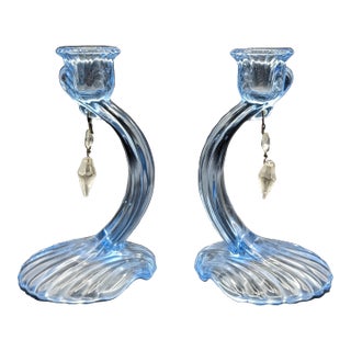 Pair of Cambridge Glass Blue Caprice Candle Holders Art Deco Glass, 1930s For Sale