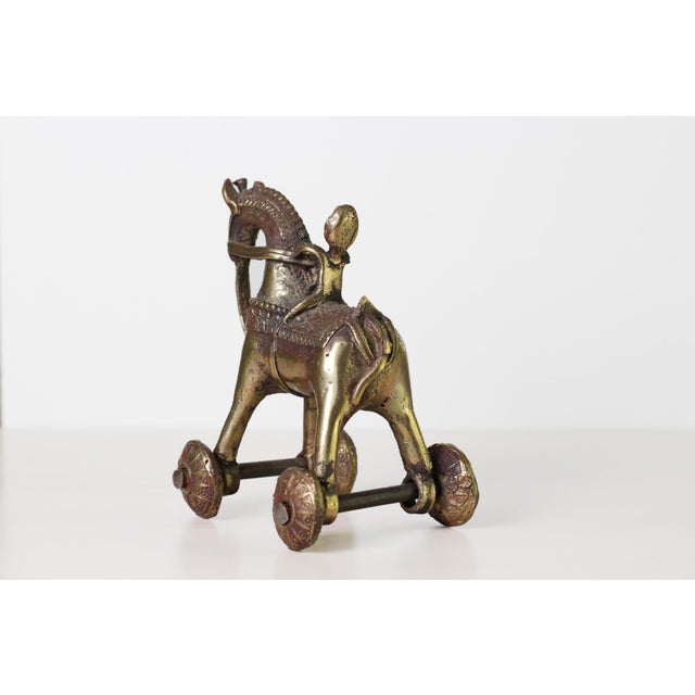 Indian Antique Indian Brass Temple Horse on Wheels With Rider For Sale - Image 3 of 15