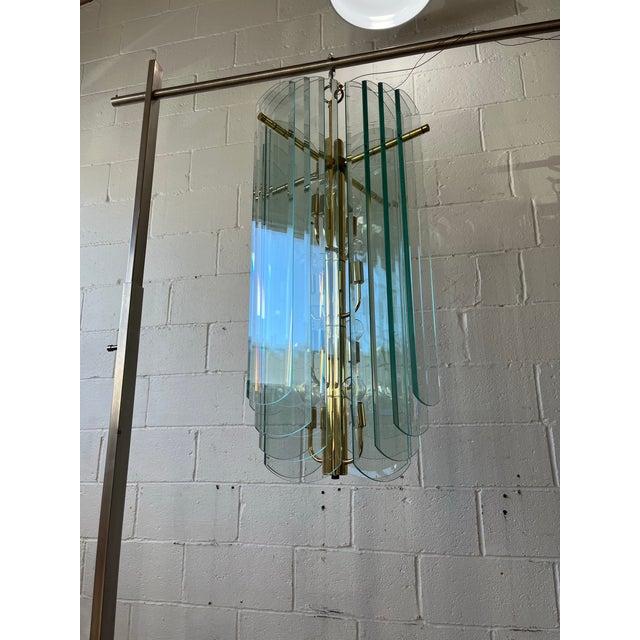 1970s 1970s Modernist Graduated Beveled Glass Chandelier With Brass Accents, 16 Panels For Sale - Image 5 of 10