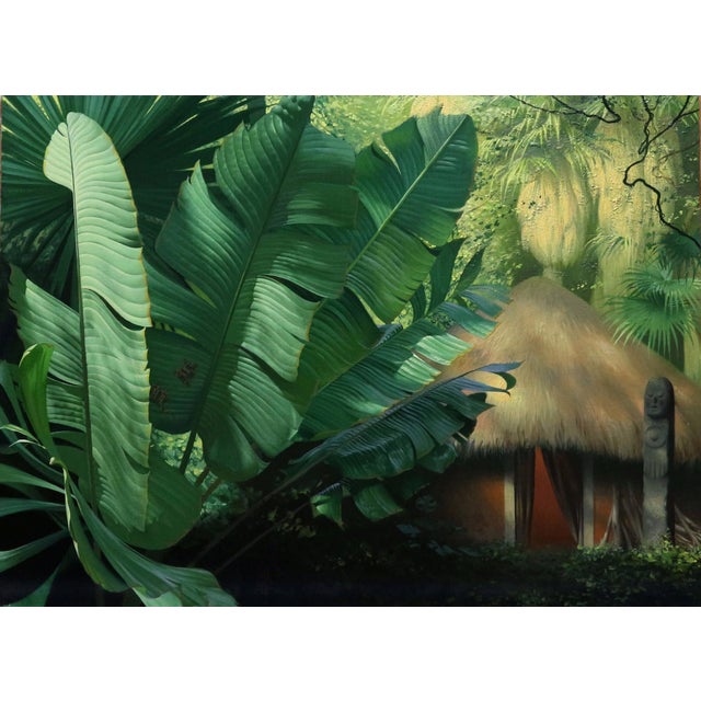 Where the Jungle Speaks by Diego Glazer | Oil on panel Painting of a lush jungle with a thatched hut For Sale