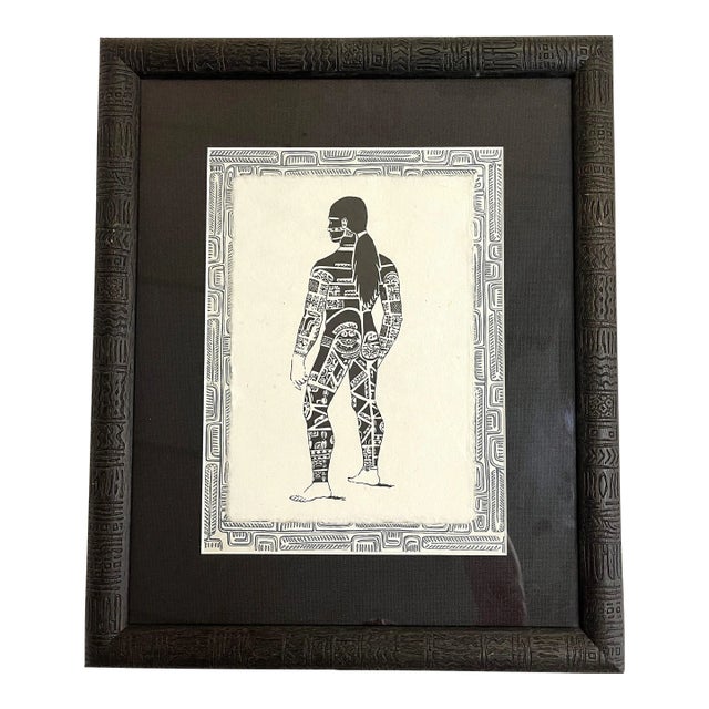 Vintage Keith Haring Style Tribal Tattoo Art Lithograph on Tapa Cloth For Sale