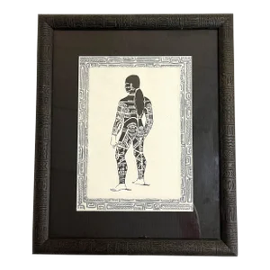 Vintage Keith Haring Style Tribal Tattoo Art Lithograph on Tapa Cloth