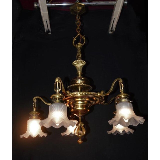Art Deco French Brass Five-Light Chandelier with Opaline Glass Shades, 1920s For Sale - Image 11 of 18