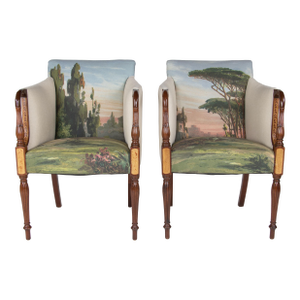 Pair of Vintage Inlaid Federal Sheraton Style Chairs With Tuscan Landscape