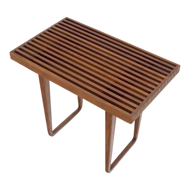 Compact Slotted Teak Wood Danish Mid-Century Modern Bench Seat For Sale