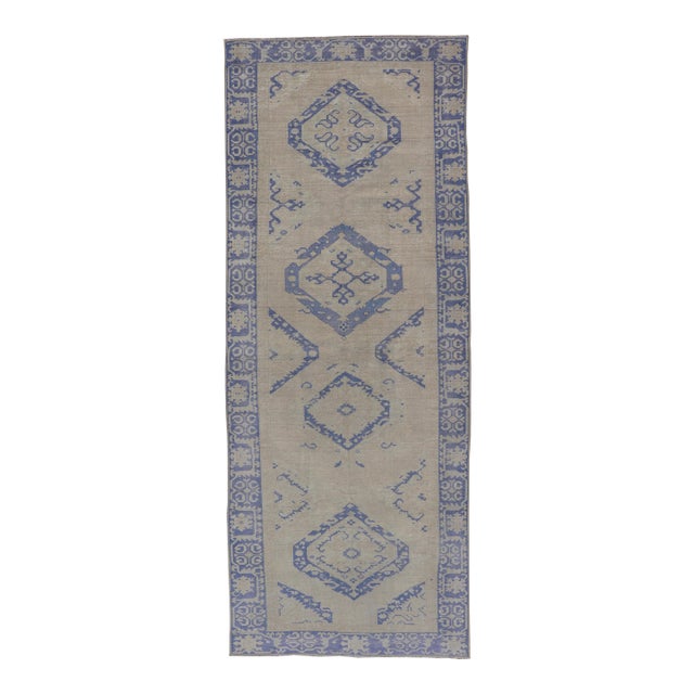 Turkish Oushak Gallery Rug in Blue and Cream With Geometric Design 4'6 X 12'6 For Sale