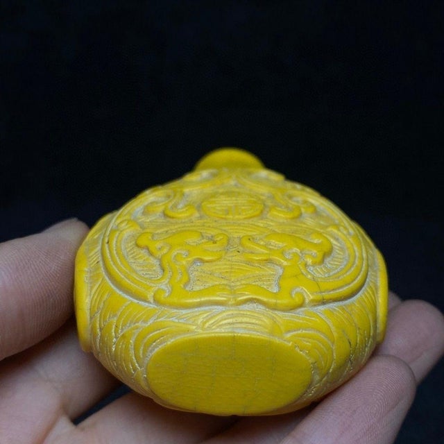 Vintage Faux Ivory Carved Snuff Bottle - Yellow Relief Design For Sale - Image 4 of 9
