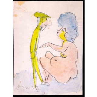 Mino Maccari, The Couple, 1980s, Ink and Watercolor Drawing For Sale