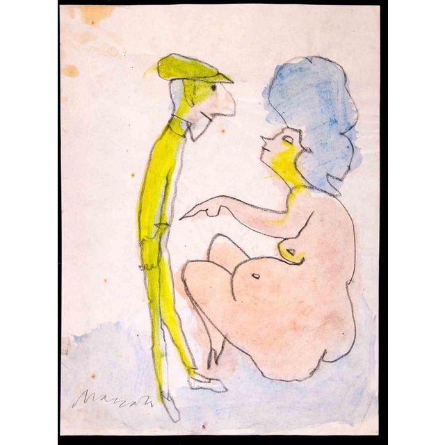 Mino Maccari, The Couple, 1980s, Ink and Watercolor Drawing For Sale