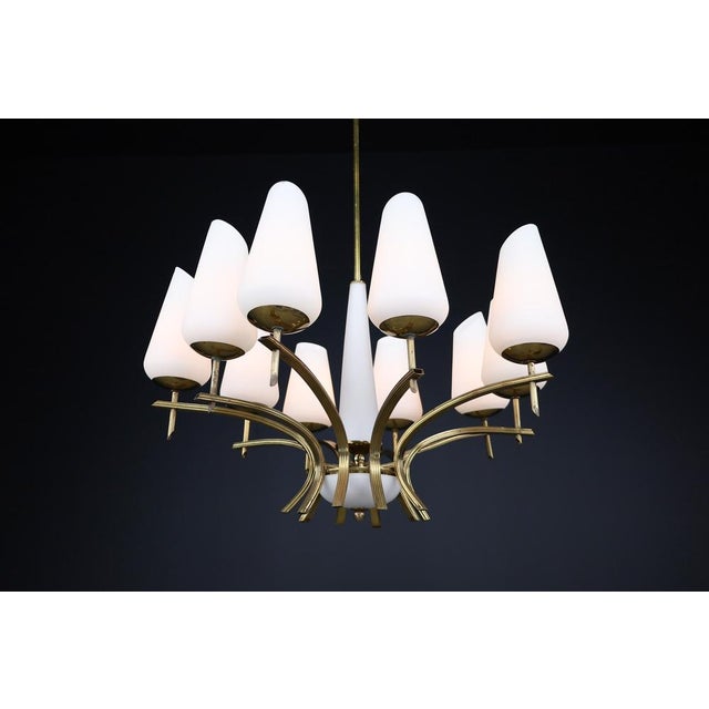 Mid-Century Modern Brass and Opaline Glass Chandelier, France, 1950s For Sale - Image 11 of 15