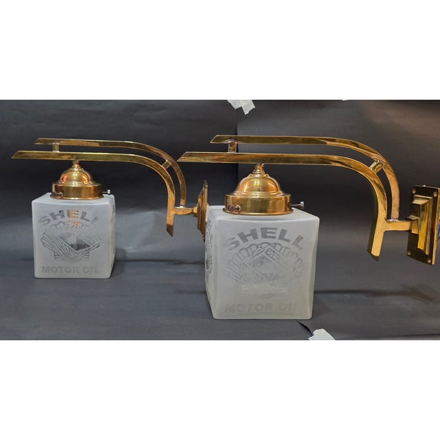 Art Deco Vintage Art Deco Light Old Lamp Wall Sconces Fixture Brass & Shell Motor Oil Cube Glass Shade Ship Light - a Pair For Sale - Image 3 of 6
