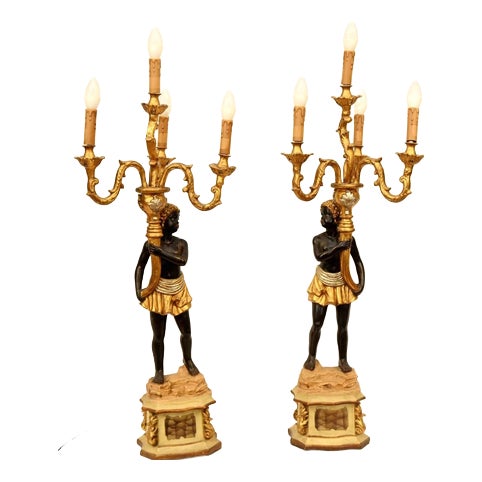 Italian Florentine Blackamoor Candelabra Lamps, Set of 2 For Sale