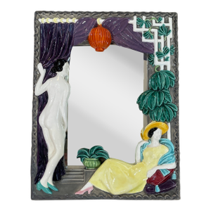 Anton Klieber Mirror Frame Im Art Deco Style With Two Female Figures and Curtain, a Lantern and Green Plants,Keramos, Vienna, 1949