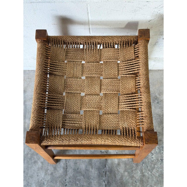 Oak Stool With Woven Cord Seat Rustic Scandinavian Vintage Mid-Century Modern 1970s For Sale - Image 4 of 10