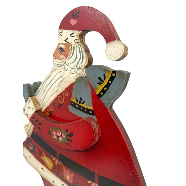 Vintage Hand Painted Folk Art Wooden Santa For Sale - Image 4 of 7