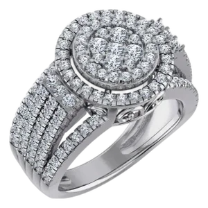 10K White Gold Round Diamond Halo Big Bridal Cluster Ring 1-5/8 Cttw, Size 7