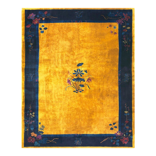 1920s Antique Chinese Minimalist Floral Art Deco Room Size Wool Blue Yellow Rug For Sale