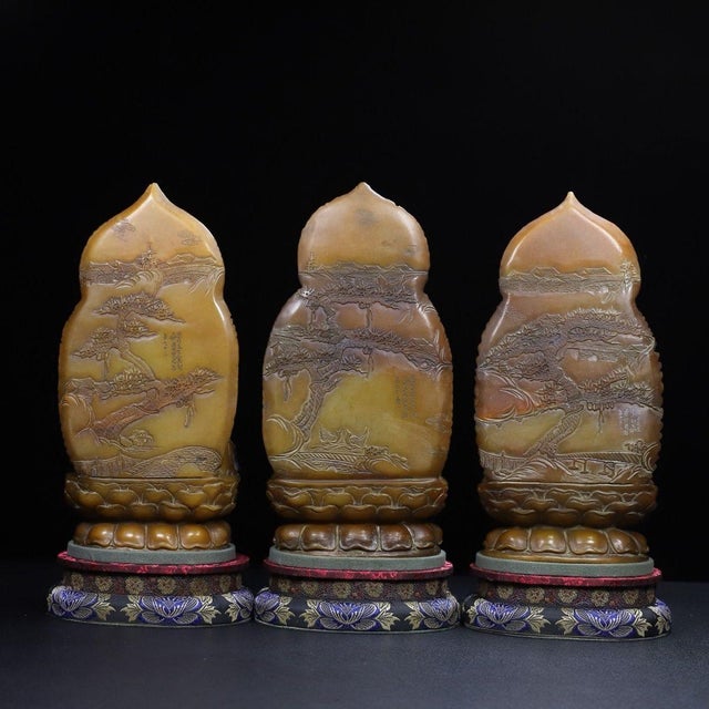 1930s Set of Three Carved Shoushan Stone Buddhas (Triple Gem / Triratna) — Seated With Halo & Lotus Base For Sale - Image 9 of 9