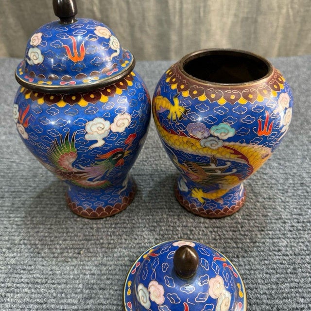 Late 20th Century Pair of Small Chinese Cloisonné Enamel Dragon & Phoenix Jars With Lids - 8" Tall For Sale - Image 5 of 6