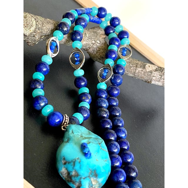 2020s Artisan One-of-a-Kind Gemstone Necklace With Vintage Arizona Turquoise, Lapis Lazuli & Blue Chalcedony For Sale - Image 5 of 18