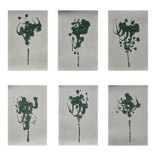 Set of 6 - One-of-a-Kind Dark Green Botanical Organic Modern Original Oil Paintings, Unframed/ Herbarium / Floral / Earth Tones For Sale