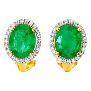 Late 20th Century 18K Yellow Gold Diamond Emerald Huggie Earrings, Pair For Sale