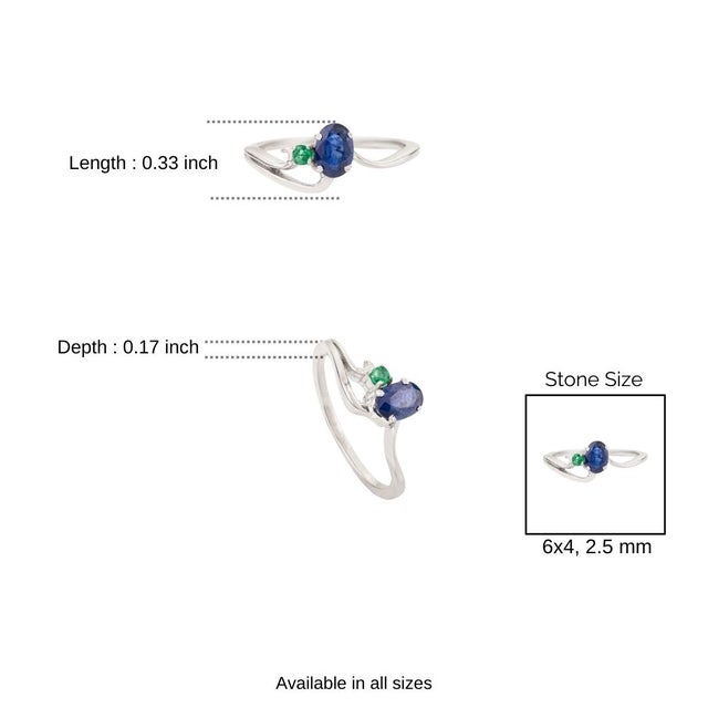 Dainty Blue Sapphire & Emerald Two Stone Promise Ring in 925 Silver - Size 7 For Sale - Image 9 of 11