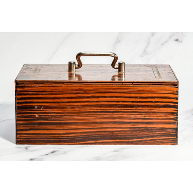 Amazing Antique Painted Faux Wood Metal Lock Strong Box With Key Home Office Decor For Sale - Image 15 of 16
