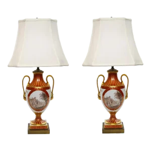 Pair Louis XVI Style French Porcelain / Dore Bronze Table Lamps