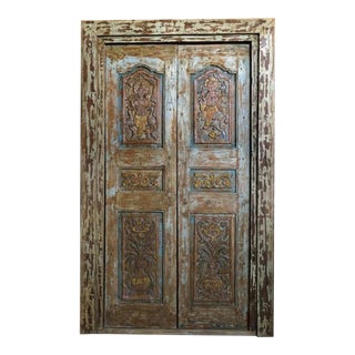 Antique 19th Century Indian Blue Distressed Ganesha Krishna Carved Nathdwara Doors 85 For Sale