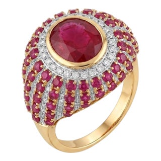 18k Gold Ruby 4.04ct and Diamond 0.81ct Cocktail Ring, New Design For Sale