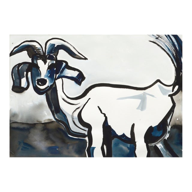 Modernist Goat Portrait in Black and Blue by Karen Druker For Sale