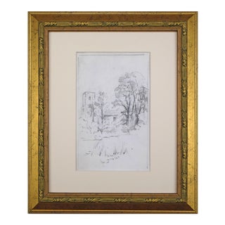 Antique English Graphite Landscape Drawing W/Castle Tower and Cottage C.1900 For Sale