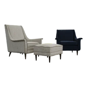 Pair of Mid-Century Modern Paul McCobb Style Pencil Leg His/Her Lounge Chairs With Ottoman